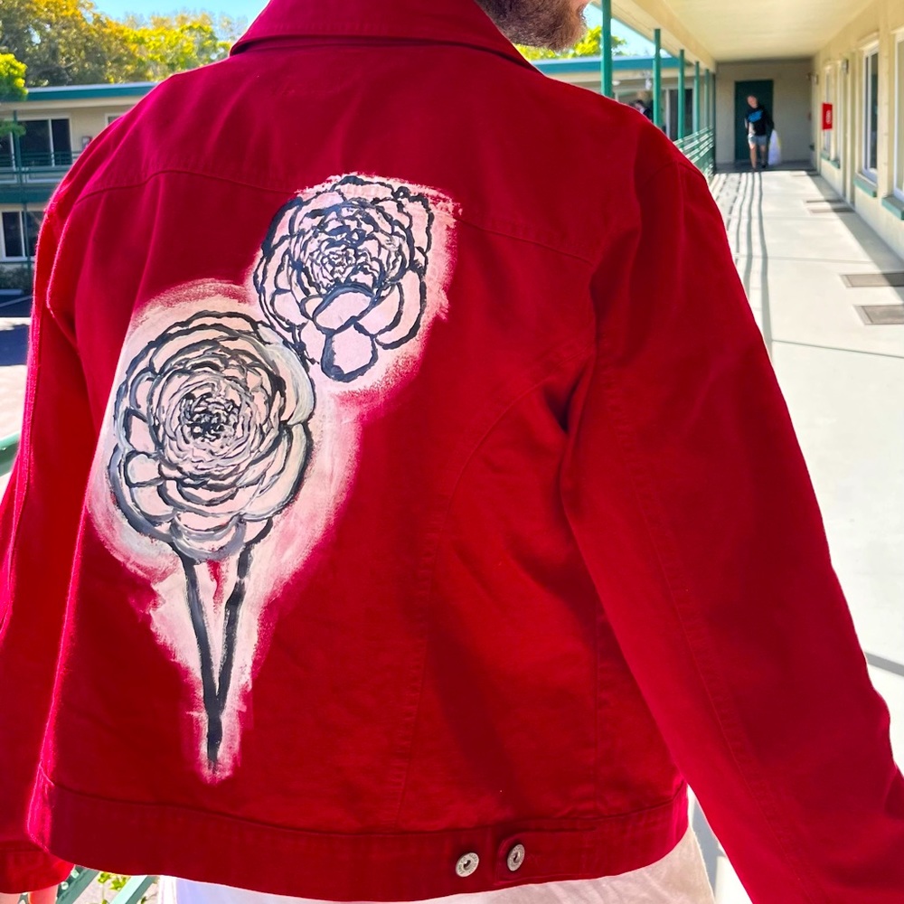 Hand painted red denim jacket. Jacket by Faded Glory